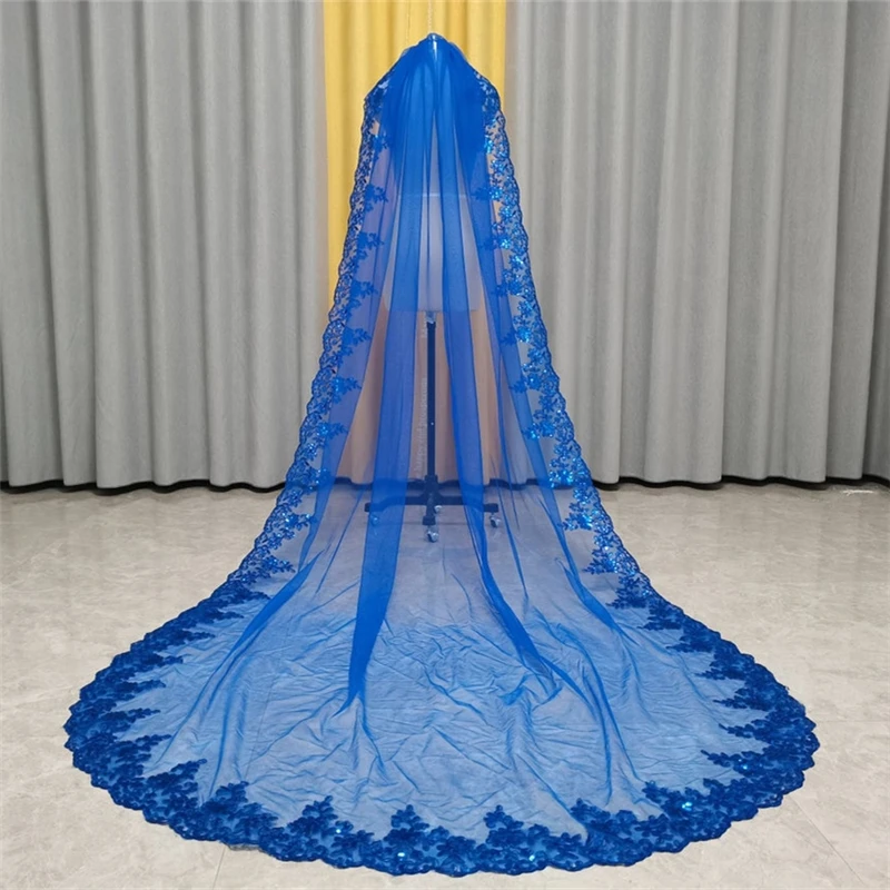 

Royal Blue Bridal Veils with Comb Sequins Lace edge Tulle Vintage Wedding Veils Accessories Cathedral Long for Brides 3 Metres