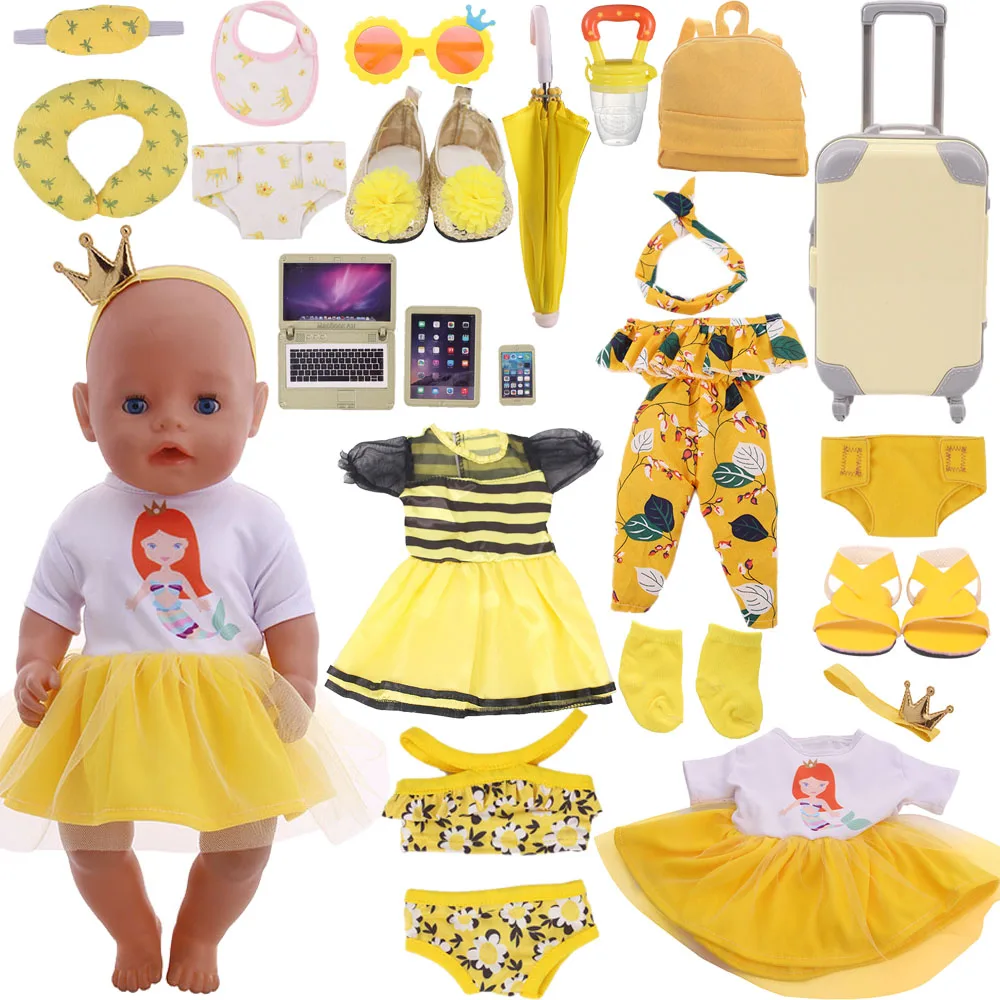 Doll Clothes Yellow Skirt/Swimsuit/Suitcase For 43Cm Baby New Born & 18Inch American Doll Baby Clothes Accessories,ZAP Gifts