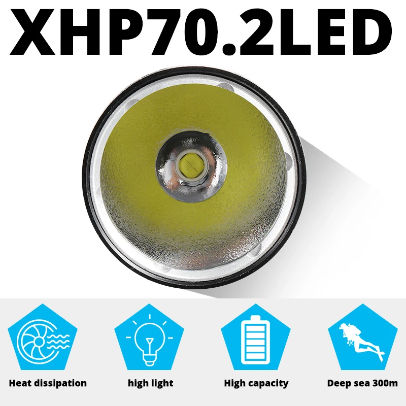 Linterna de buceo superbrillante XHP70.2, luz de buceo profesional con clasificación más alta a prueba de agua IPX8, alimentada por batería de