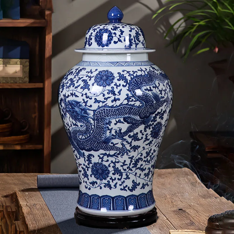 Large Blue and White Porcelain Vases Chinese Modern Ceramic Painted Dragon Pattern Floor Vase with Lid Living Room Decoration