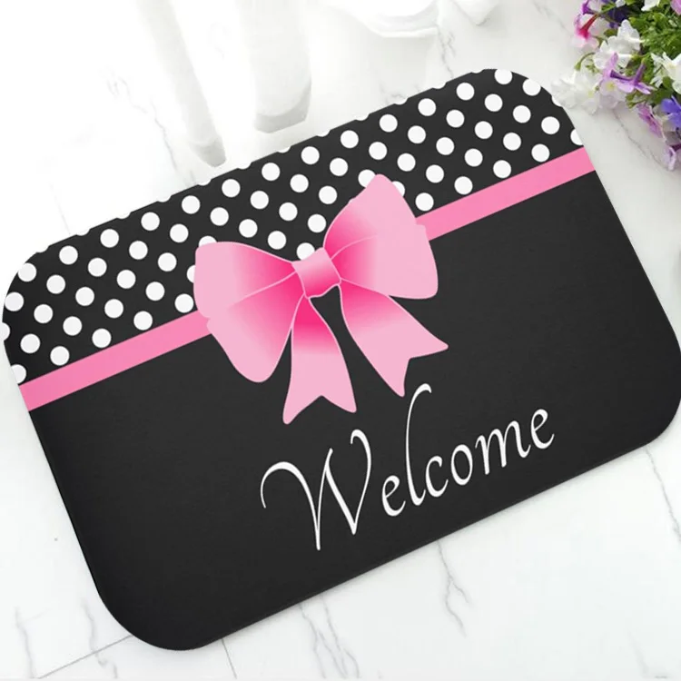 Elegant Pink Ribbon Polka Dots Door Mat Rug Carpet for Kid Girl Room Welcome Doormat Floor Entry Nonslip Rubber Mats Home Decor