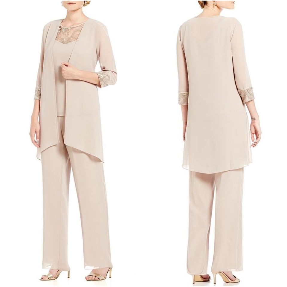

O-Neck Chiffon Mother Of The Bride Pant Suits Formal Trousers Suits New Custom Three Pieces Ankle-Length Three Quarter