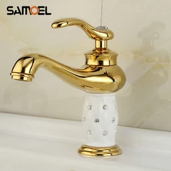 Euro Style Brass Material Golden Plated White ceramic with Diamond  Basin Mixer Taps Deck Mounted Sink Faucet M1005
