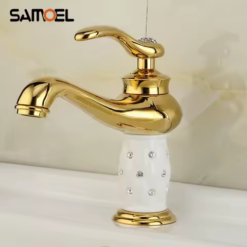 Euro Style Brass Material Golden Plated White ceramic with Diamond Basin Mixer Taps Deck Mounted Sink Faucet M1005