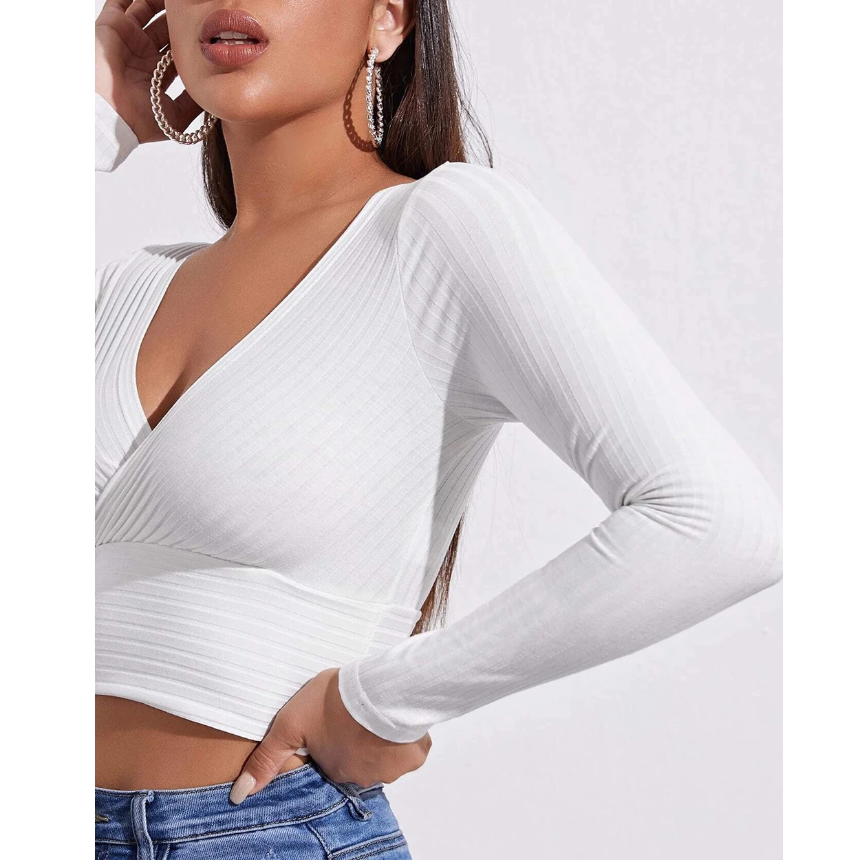 Women Basic Y2k Deep V-Neck Crop Top Sexy Long Sleeve Rib Knit Fashion Female Tee AM3468