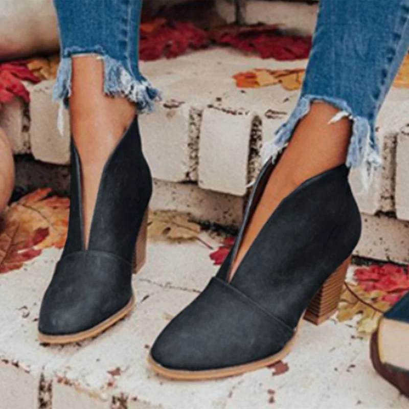 Winter Ankle Boots Women Boots V Cutout Short Boots Stacked Heel Booties 2023 Fahsion Chelsea Boots PU Botas Zapatos Mujer