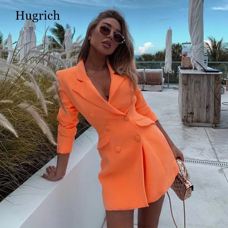 Long Sleeve Slim Blazer Dress Autumn Winter Women Fashion Pure Orange Streetwear Outfits Windbreak Solid Color Long Suit