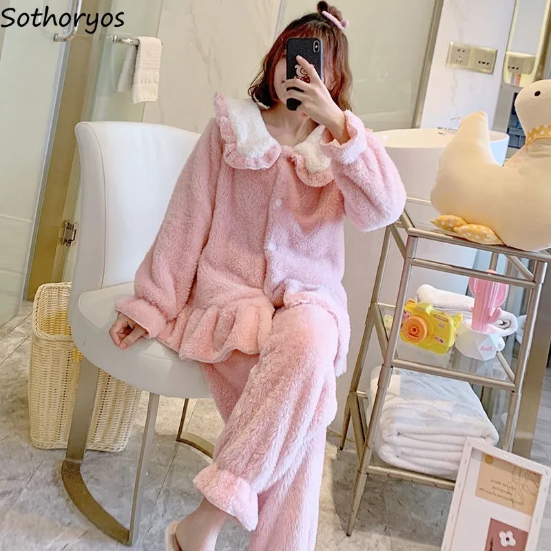 

Winter Pajama Sets Women Coral Velvet Ruffles Thermal Simple Single Breasted Fuzzy Nightwear Cute Tender Ins Stylish Sleepwear