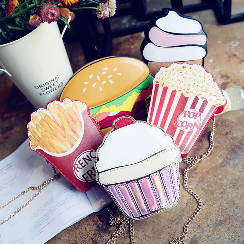 Creative Style Woman Hamburger Ice Cream shoulder bags Cupcake PU Chains Bags Cute Hamburger Popcorn Fries 3D Messenger Bags