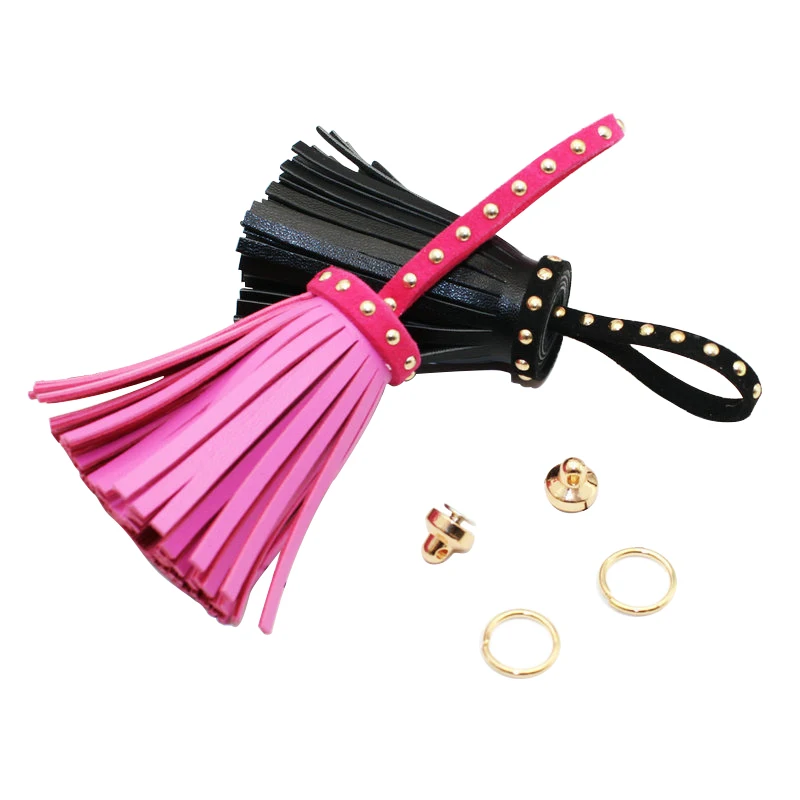 AIJJU 2 Pcs Colored PU Leather Gold Rivet Tassel DIY Craft Ornaments Keychain Tassels Jewelry Making Phone Shell Decor Pendants