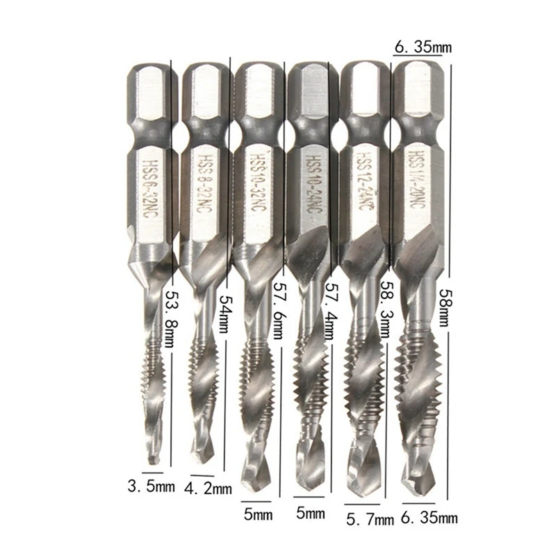 HOEN 6pcs/Set 1/4” Hex Shank Magnetic Screw Tap Drill Bits  Countersink Tap Bit Set High Speed Steel Quick Change Screwdriver