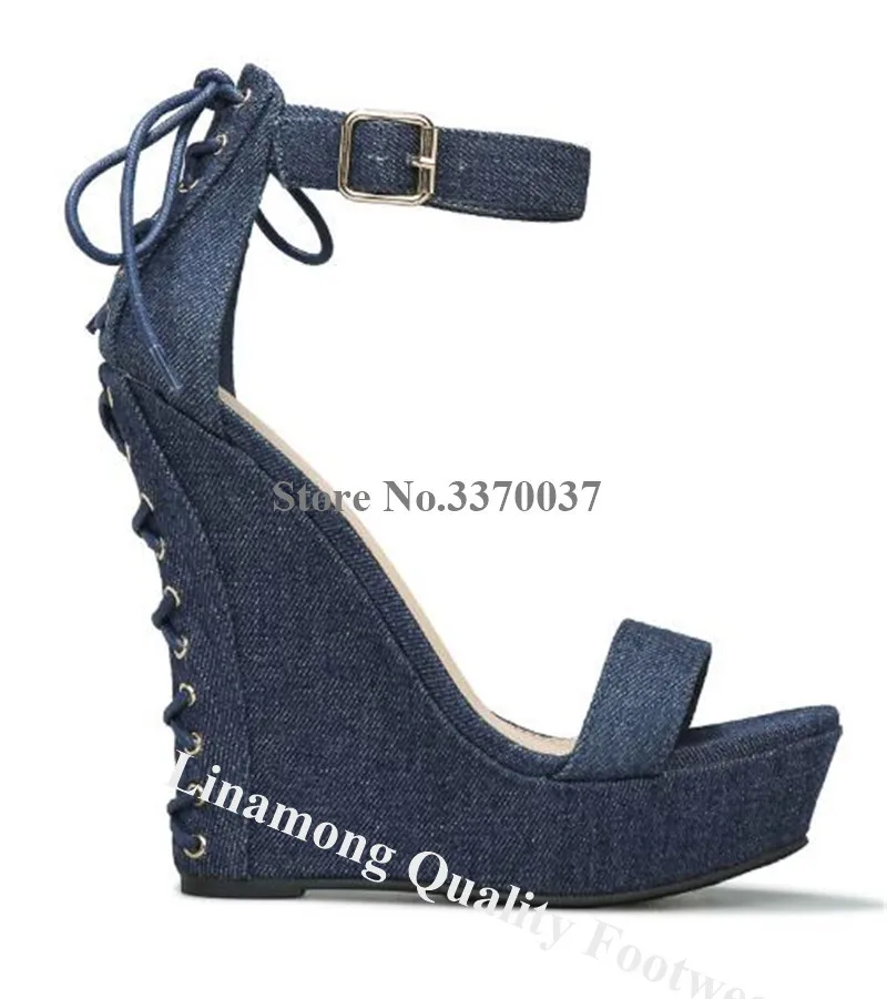 Western Fashion Style One Strap High Platform Back Lace-up Wedges Suede Leather Ankle Strap Buckle Wedge Sandals Dress Heels