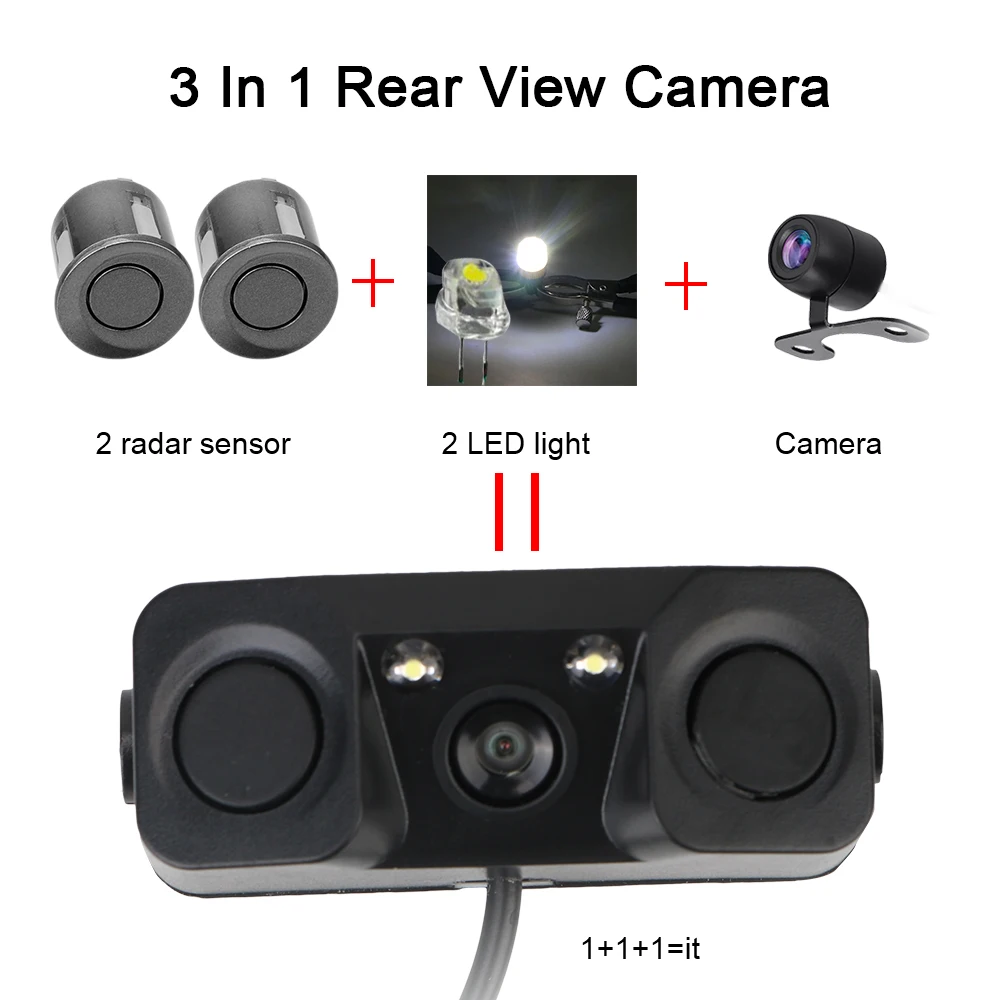 DC 12V 3 In 1 Rear View Camera Car Accessories Reversing Radar Sensor Detector Night Vision Universal LED Light Mini Alarm