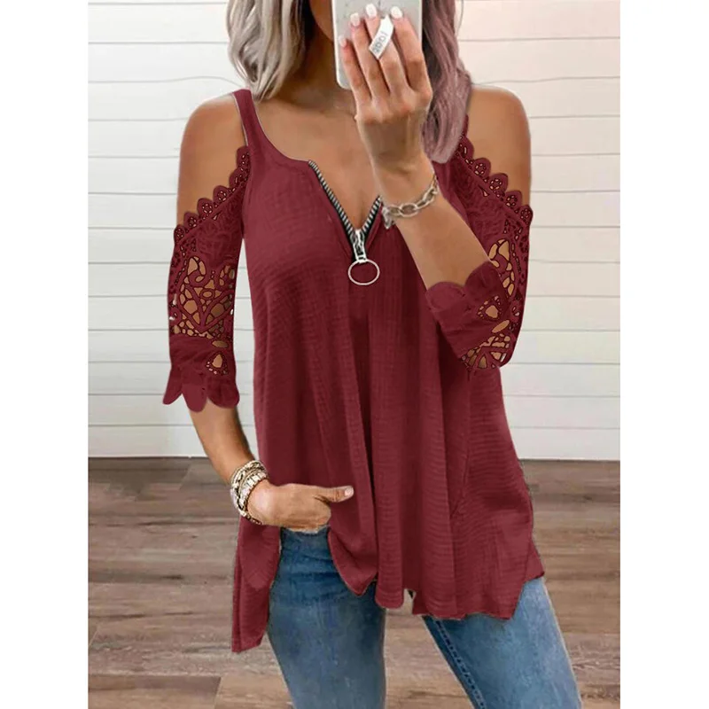 

Lace Petal Half Sleeve Zipper T-Shirt for women clothing 2023 Summer New Oversize Off Shoulder Casual Top Tee Loose V-neck Tunic