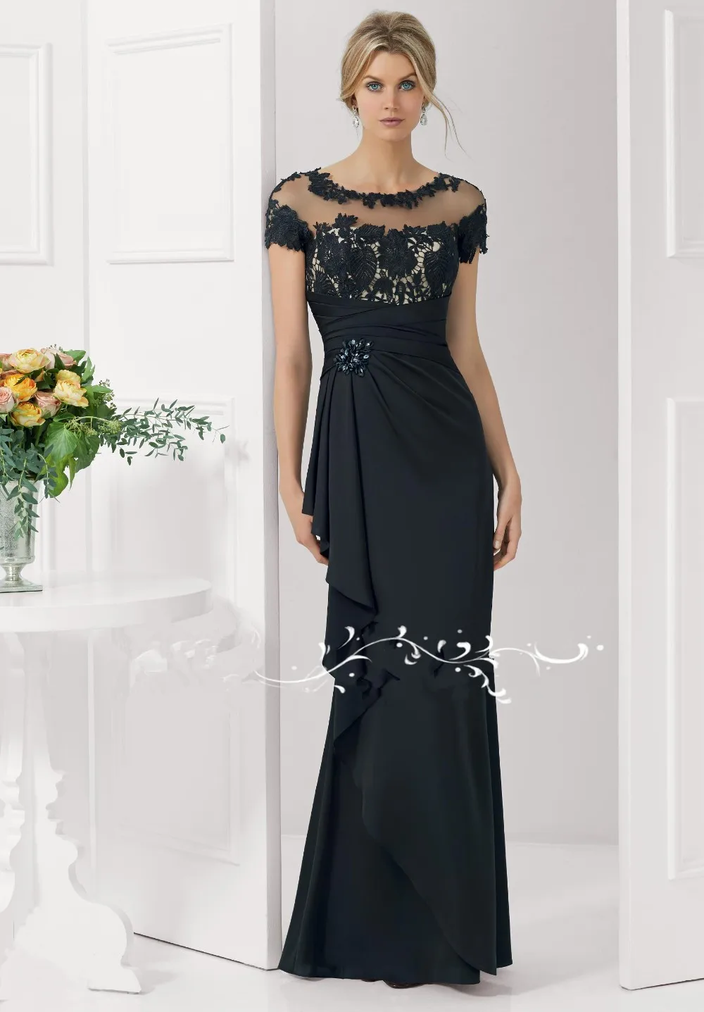 

New Arrive Elegant O-neck Applique On a Bodice and Ruffle Chiffon Elegant Evening Dresses