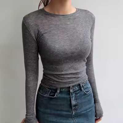 High Quality Plain T Shirt Women  Elastic Basic T-shirts Female Casual Tops Long Sleeve Sexy Thin T-shirt see through - Image 7