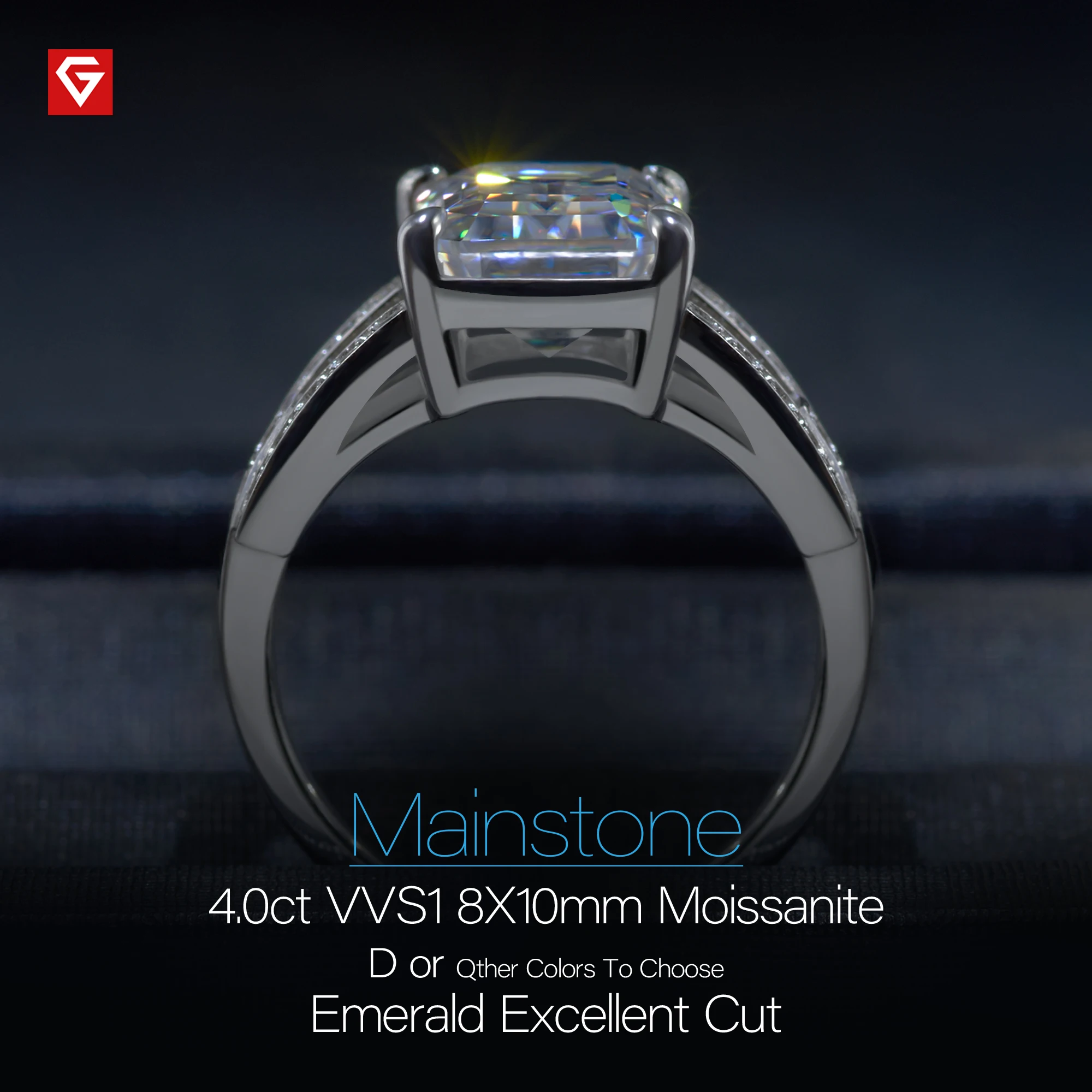 GIGAJEWE Moissanite 4.0ct 8X10mm D Color Emerald Cut 18K White Gold Plated 925 Silver Ring Claw Setting Girlfriend Women Gift