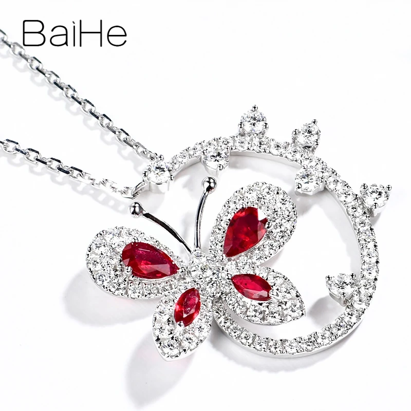 BAIHE Solid 18K White Gold Natural Ruby H/SI Diamond Butterfly Necklace Women Wedding Trendy Fine Jewelry Making قلادة الفراشة