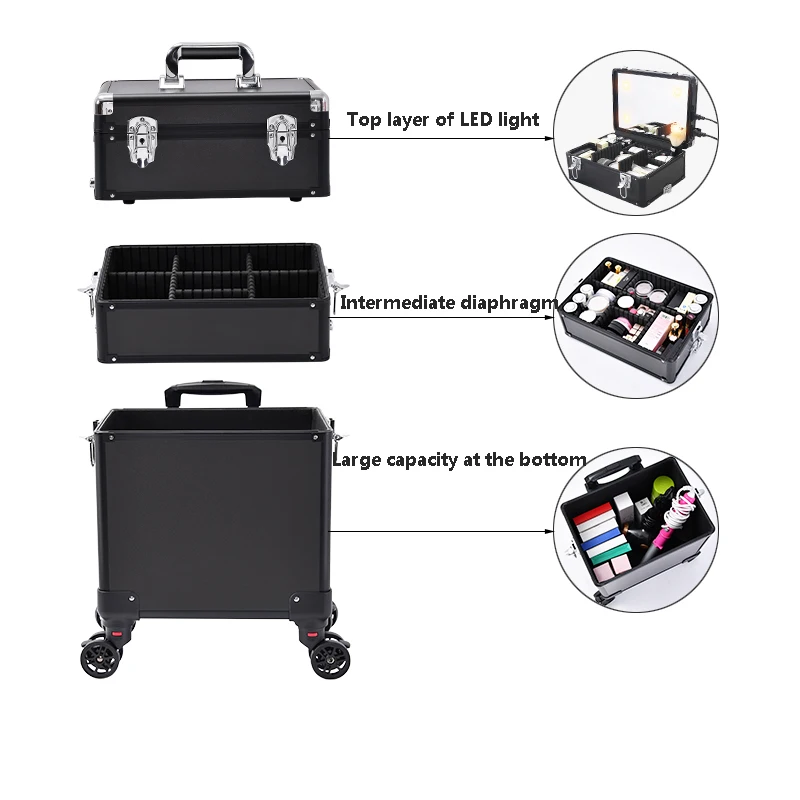 Luxury Beauty Makeup Barber Suitcase On Wheels Black Aluminum Case Lights And Mirror Hairdresser Case Trolley Cosmetics Tool Box