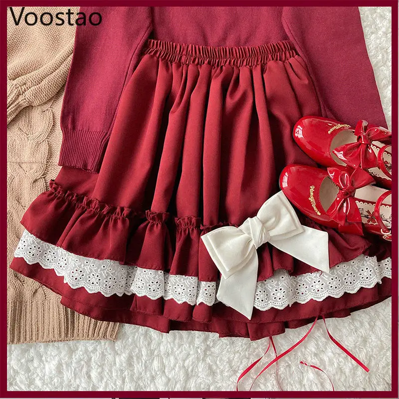 Japanese Sweet Chic Lolita Style Mini Cake Skirts Vintage Cute Women Lace Ruffles JK Skirt Girly Kawaii High Waist Tiered Skirt