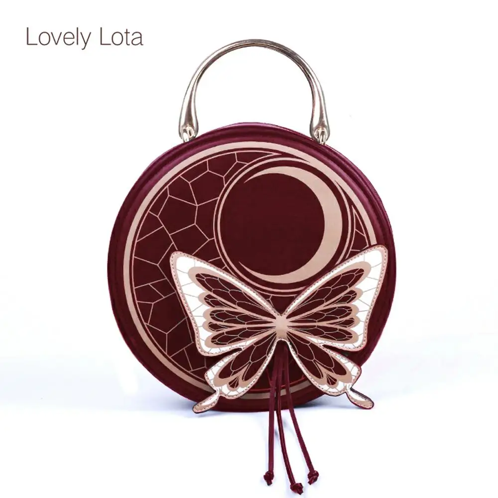 LovelyLota-Bolso redondo con diseño original de mariposa y Luna, bolsa bonita de lolita para chica, bolso de hombro para Universidad