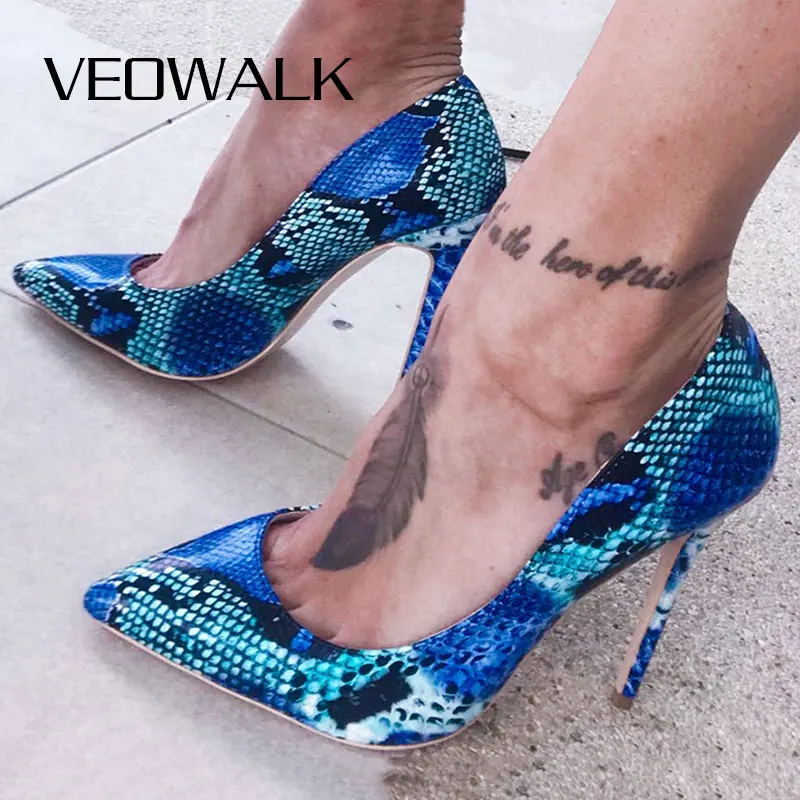 Veowalk Snake Printing Leather Women Super High Heels Sexy Ladies Pointed Toe Stiletto Pumps Slip on Party Shoes Blue