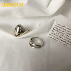 QMCOCO Silver Color Oval Shaped Wide Rings Minimalist Double Layer Line Ring For Women Daily Jewelry Finger Accessories