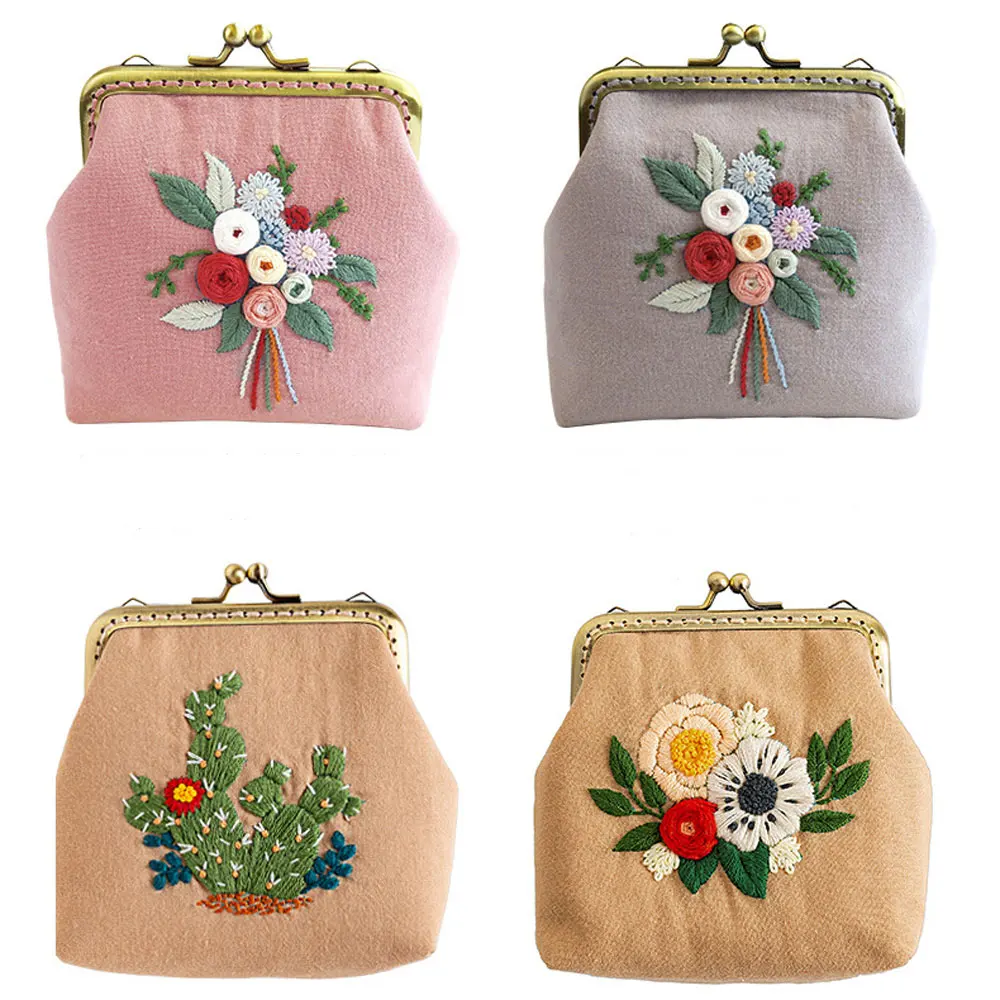 

Flower Embroidery Kit Unfinished Needlework Sewing Cross Stitch Set Square Metal Purse Bag Frame Beginner Materials DIY Package