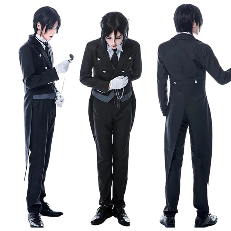 Anime Black Butler Sebastian Michaelis Cosplay Costume Black Uniform Outfit+Pocket Watch+Brooch Halloween Costumes for Women/Men