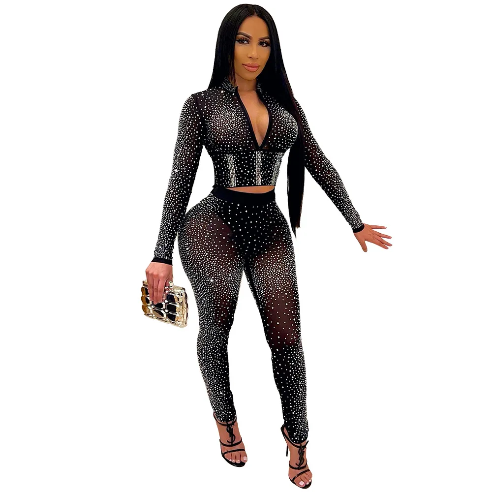 2021 Luxury Glittering Diamond Jumpsuit Women Turtleneck Halter Backless Sequin Playsuits Party Club Matching Outfits