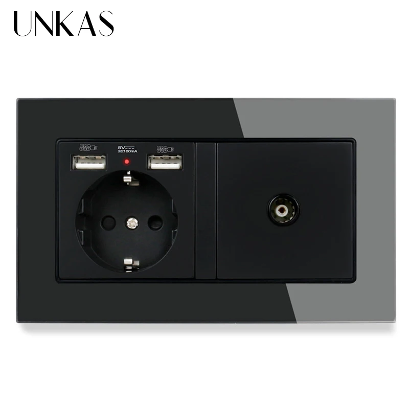 UNKAS EU Standard Wall Socket 2 USB Charge Port With Hidden Soft LED + Female TV Connector Tempered Glass Frame