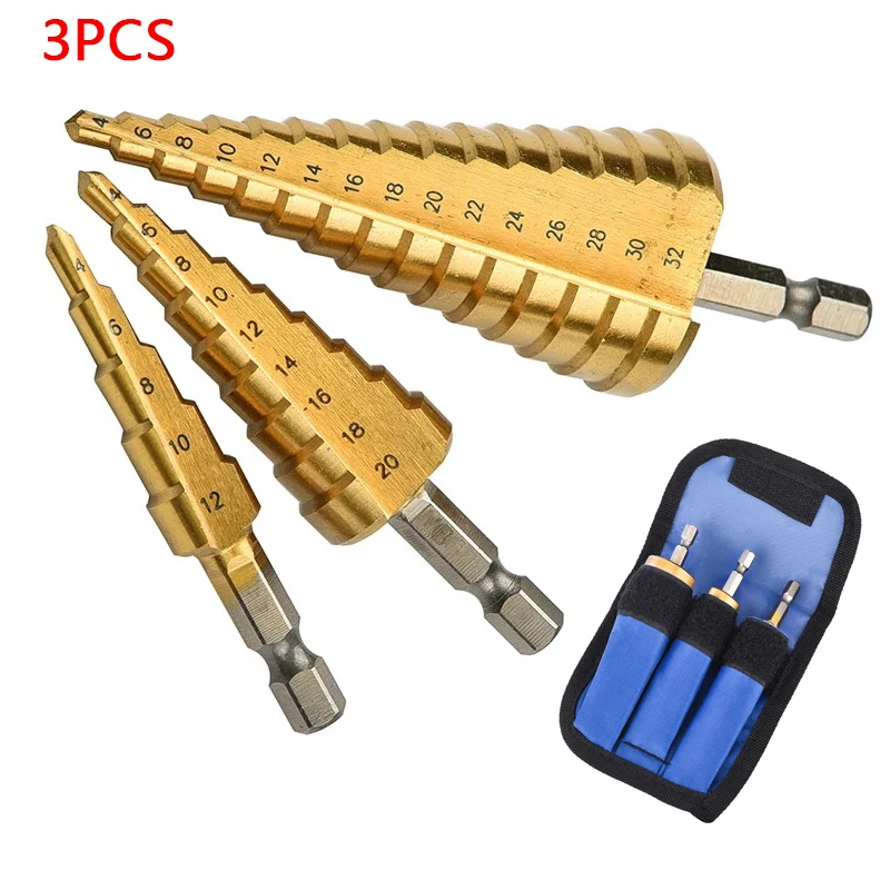 HSS Straight Groove Step Drill Bit Titanium Coated Wood Metal Hole Cutter Core Drilling Tools Set 4 Models 3-12 4-12 4-20 4-32