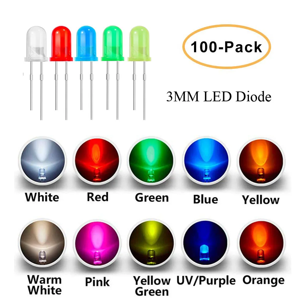 100pcs/lot 3mm LED Diode Assorted Kit White Green Red Blue Yellow Orange Pink Purple Warm white DIY Light Emitting Diode