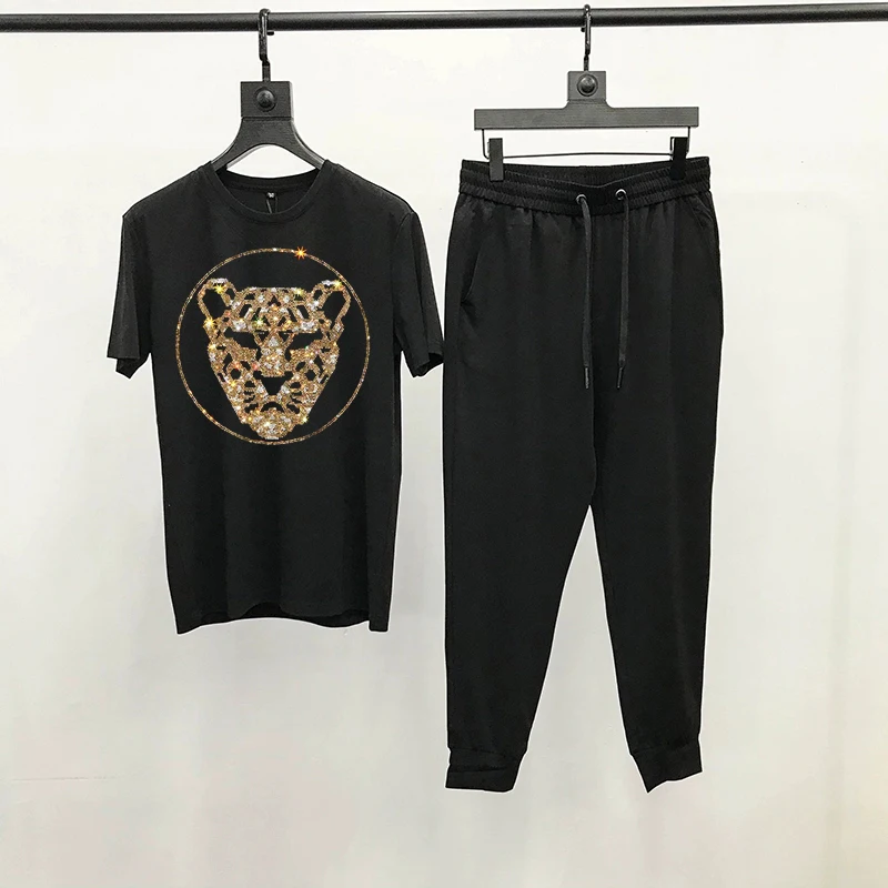 

Summer Men's Leopard Hot Diamond Craft Shiny Tracksuit Comfortable Breathable Sweatshirt Hip Hop Youth Streetwear Tops + Pants