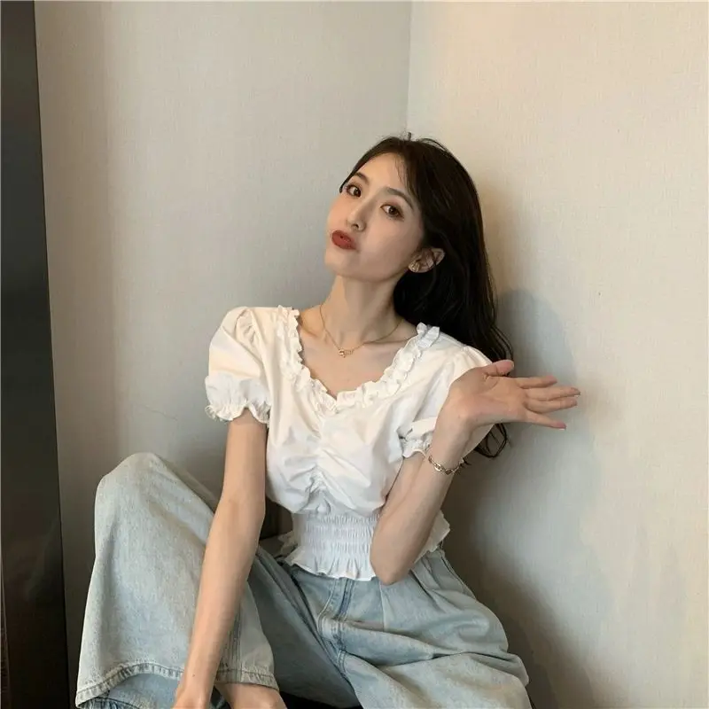 Elegant White Ruffles V Neck Cropped Top Casual Short Sleeve V NEck Ruched Slim Blouse Women Summer Simple All match Shirt