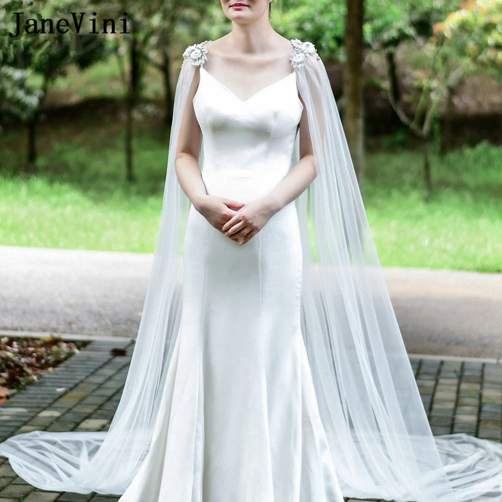 

JaneVini Ivory Bridal Cape with Pearls Diamond Cathedral Long Women Bolero Jacket Lace Flower Tulle Shawl Wrap for Wedding Dress