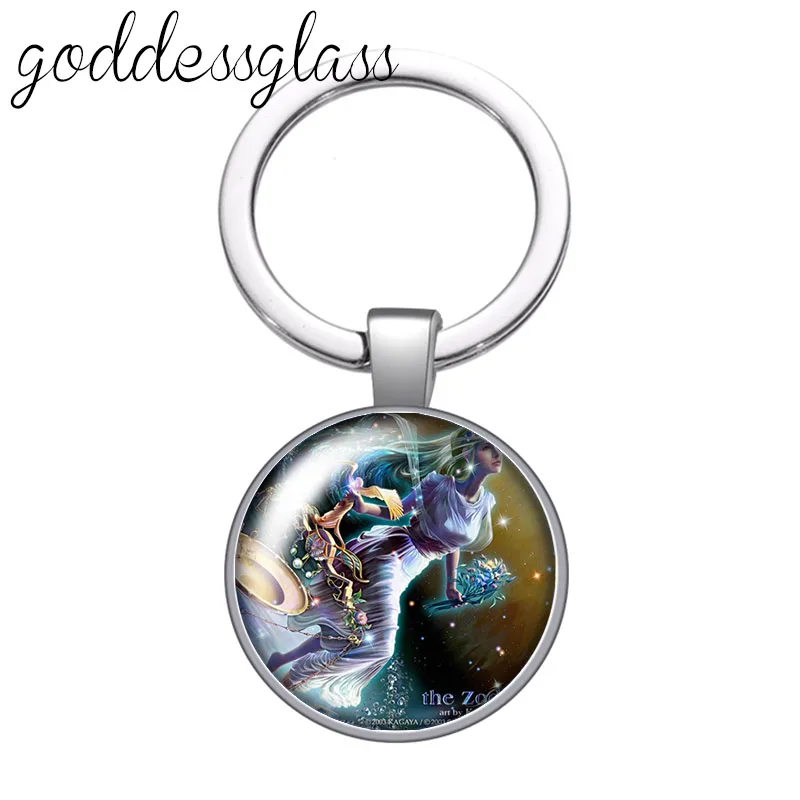 12 constellations Animals Zodiac Signs round glass cabochon keychain Bag Car key chain Ring Holder Charms keychains Gifts