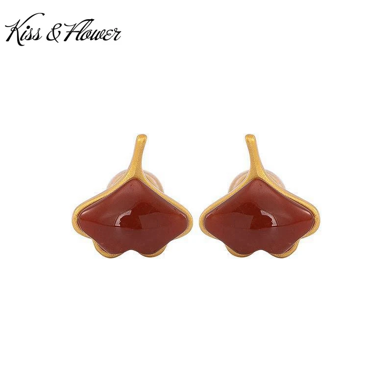 

KISS&FLOWER ER312 Fine Jewelry Wholesale Fashion Woman Bride Mother Birthday Wedding Gift Ginkgo Agate 24KT Gold Stud Earrings