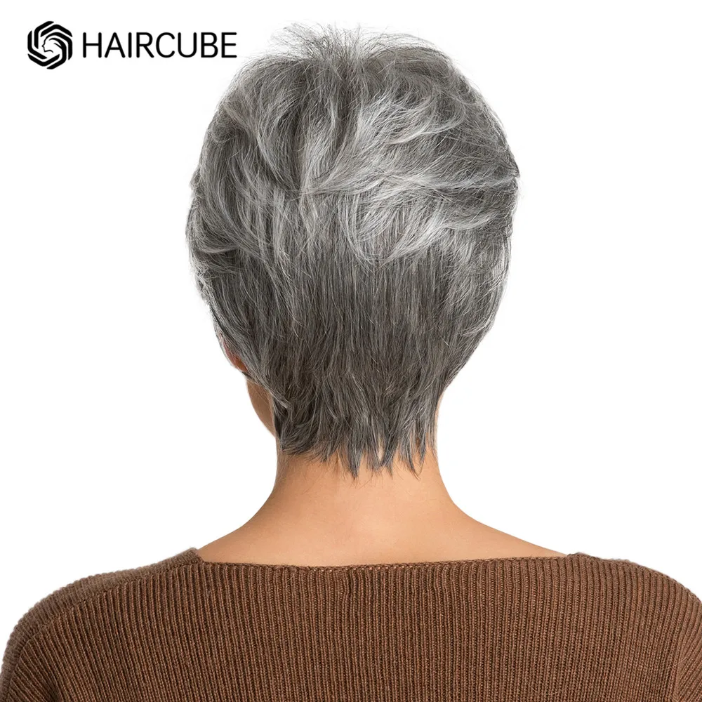 HAIRCUBE Short Gray Hair Wig with Bangs Silver Ash Pixie Wigs for Women Synthetic Wigs Mixed With Human Hair High Temperature