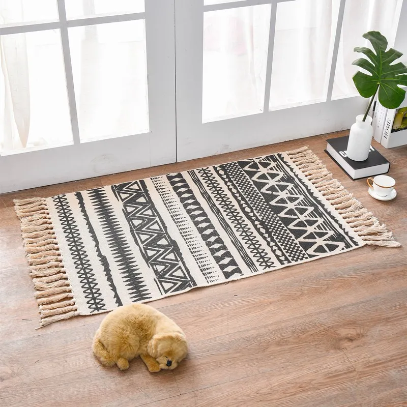Bohemian Tassel Simple Cotton Linen Retro Ethnic Style Carpet Floor Mat For Living Room Bedroom Bedside Small Prayer Rug 60x90cm