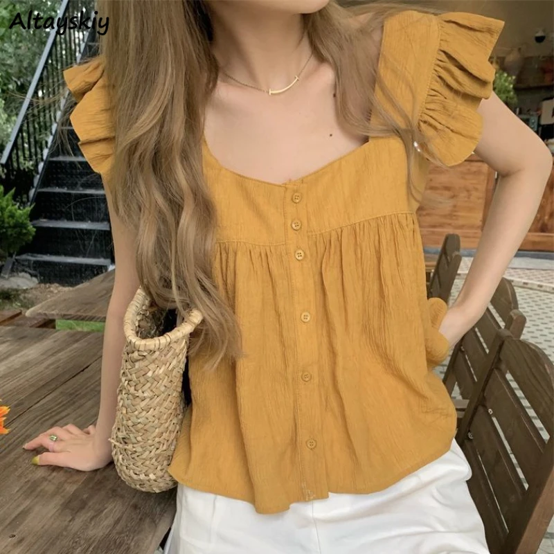 

Women Shirts Solid Flying Sleeve Sweet Ruffles Ulzzang All-match Elegant Lovely Tender Teens Casual Square Collar Retro Fairy