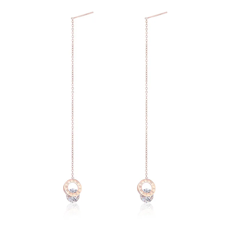 JeeMango Titanium Stainless Steel Roman Round Zircon Ear Line Female Long Tassel Earrings Jewelry For Women JE17127