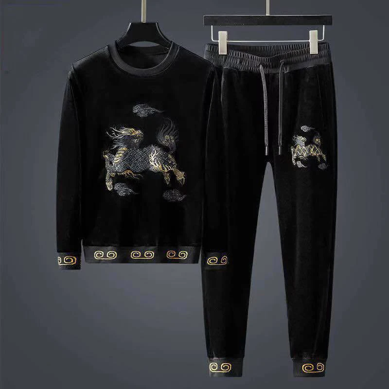 New fashion unicorn embroidery plus abito sportivo casual spesso in velluto da uomo autunno e inverno sciolto abito a due pezzi di grandi dimensioni