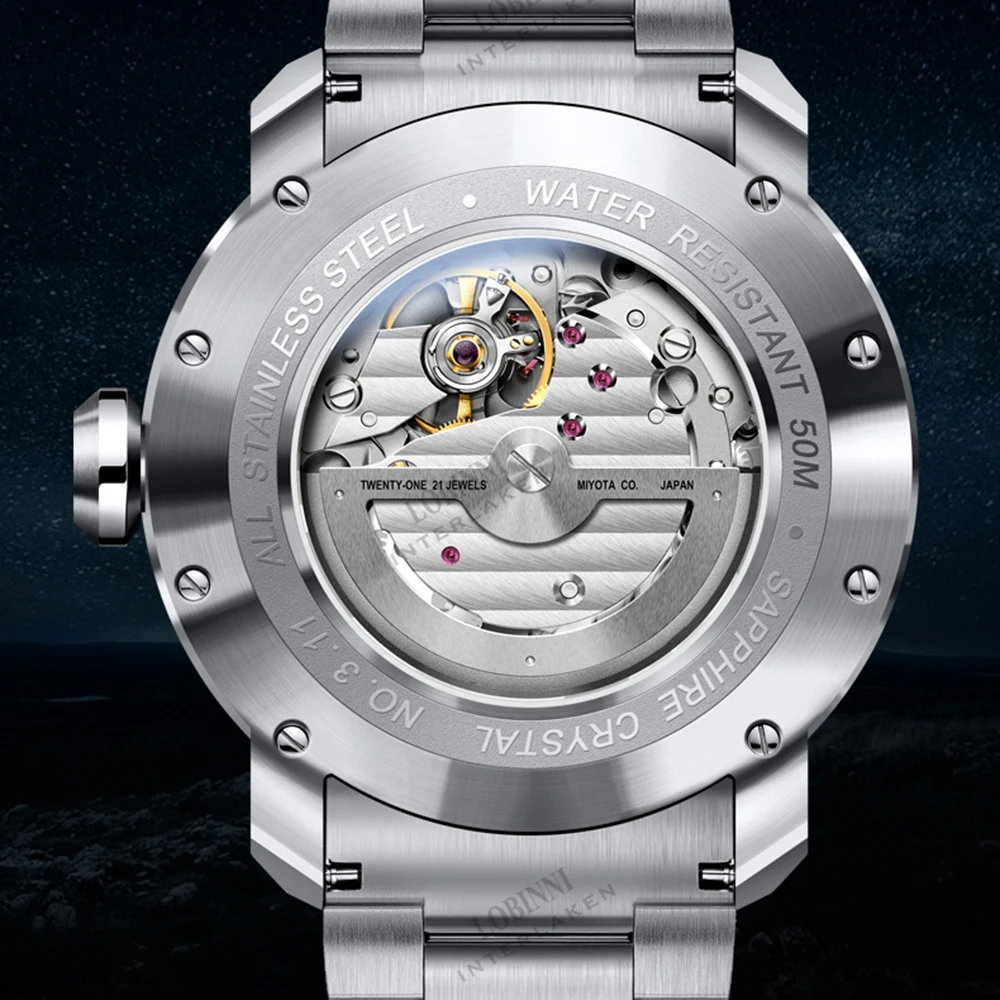 ساعة يد ميكانيكية أوتوماتيكية للرجال من LOBINNI، مرآة ياقوتية مضيئة، قرص ثاني صغير