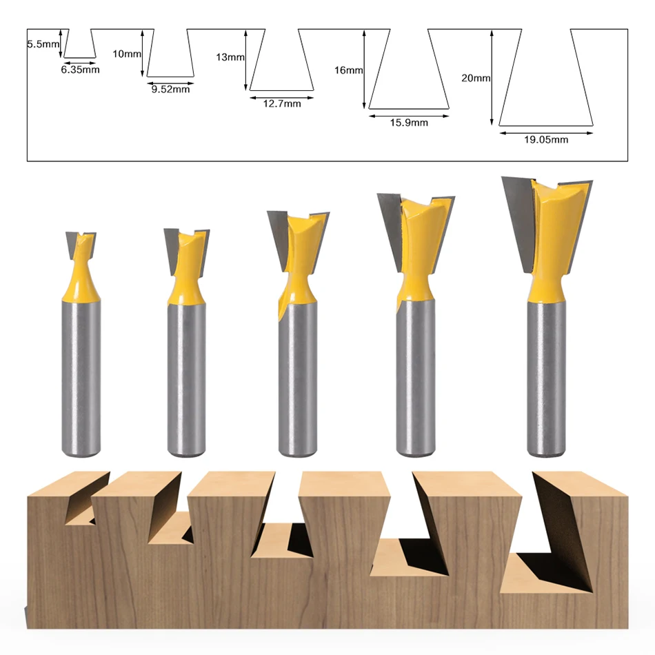 Set di punte per Router a coda di rondine con codolo da 8mm 5 pezzi Set di frese per incisione del legno a 14 gradi per legno