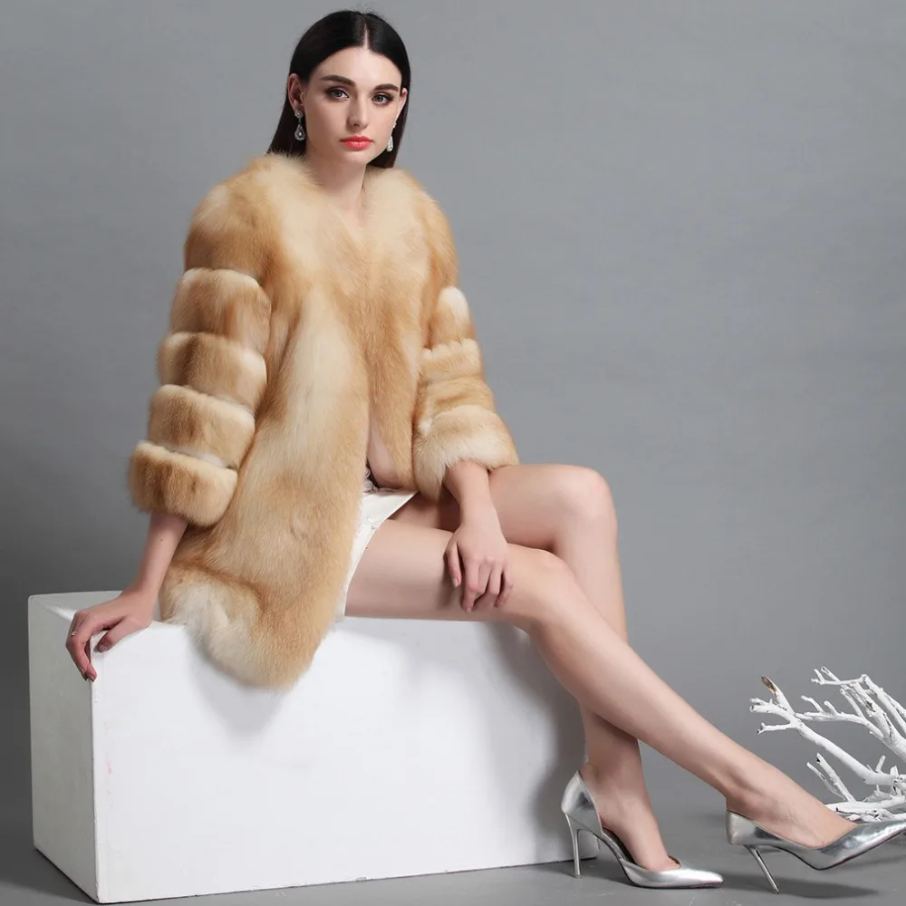 

Red Fox Fur Coat Top Grade Full Pelt Three Quarter Sleeve Natural Fur Coat for Women Warm Outwear Fur Story FS161158