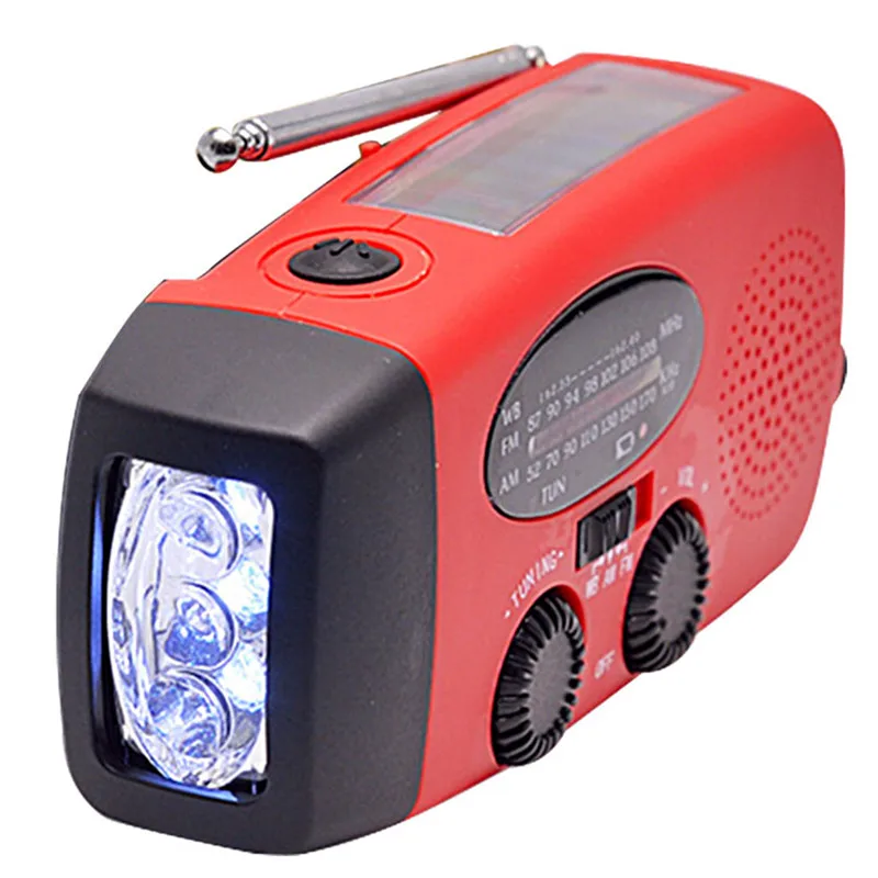 

Solar hand crank dynamo self powered AM/FM/NOAA radio mobile phone charger portable power bank LED light flashlight USB output