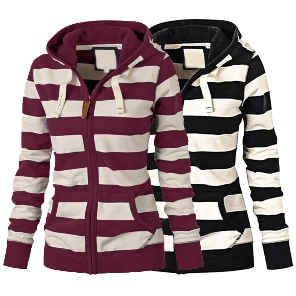 Women Sweatshirt Striped Hooded Autumn Winter Drawstring Pockets Long Sleeve Zipper Tops Hoodie for Sports