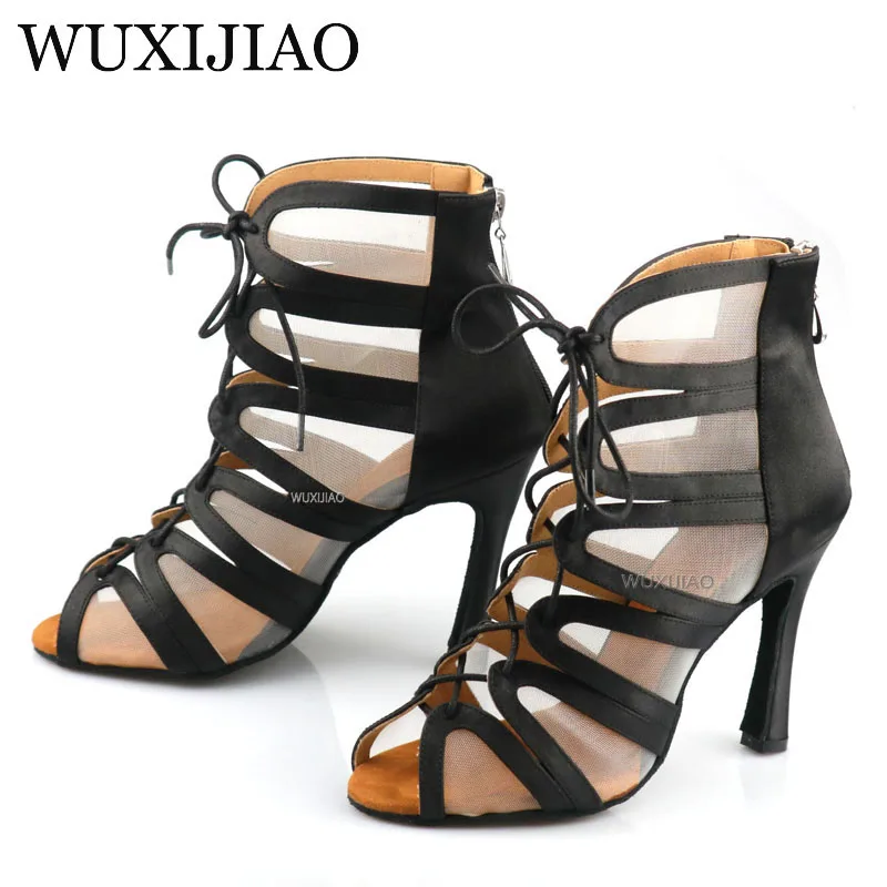 WUXIJIAO Ladies black mesh suede fashion cross strap sexy high heel sandals comfortable latin dance shoes salsa shoes