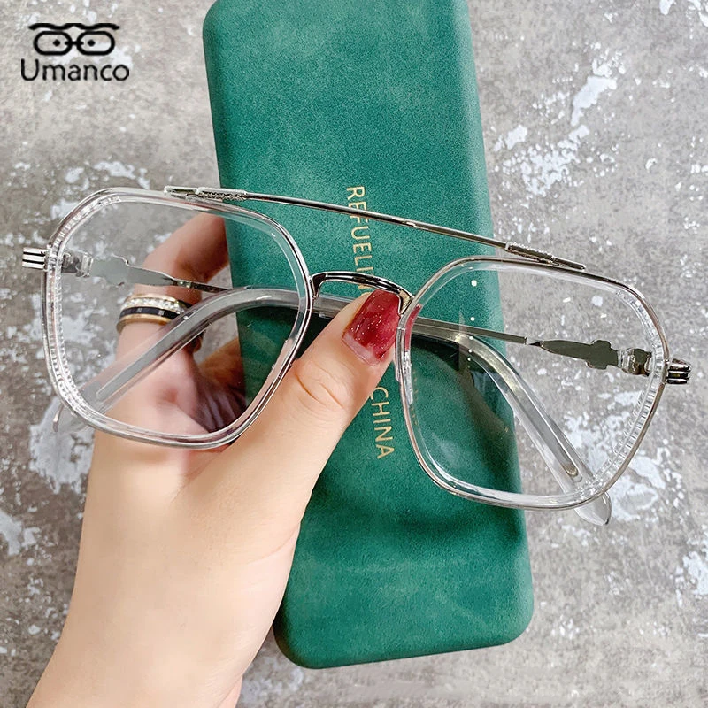 Retro Fashion Double Beam Square Myopia Glasses for Men Women Anti Blue Light Black Transparent Finish Prescription Eyewear -1.0